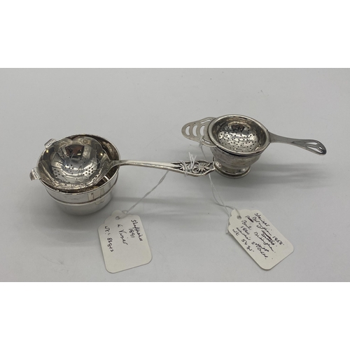 1400 - English silver tea strainer and bowl. The strainer Hallmarked in Birmingham 1858. Maker William Dudl... 