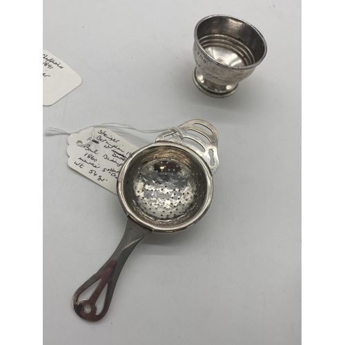 1400 - English silver tea strainer and bowl. The strainer Hallmarked in Birmingham 1858. Maker William Dudl... 