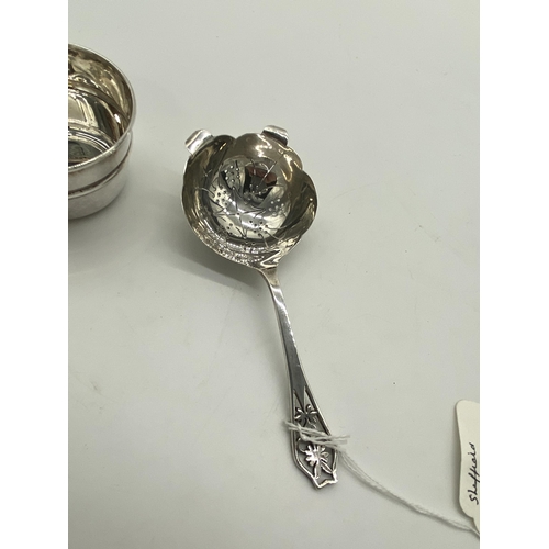 1400 - English silver tea strainer and bowl. The strainer Hallmarked in Birmingham 1858. Maker William Dudl... 