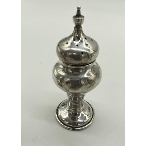 1401 - Pair of English silver salt & pepper pots, the cartouche monogrammed MD. Hallmarked in Birmingham 19... 