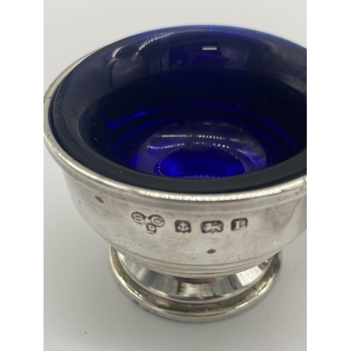 1402 - English silver salt pot with original Bristol blue glass liner. Hallmarked in Birmingham 1860 Marker... 