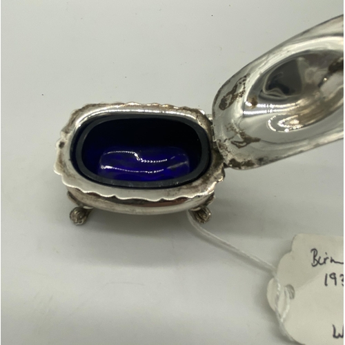 1402 - English silver salt pot with original Bristol blue glass liner. Hallmarked in Birmingham 1860 Marker... 