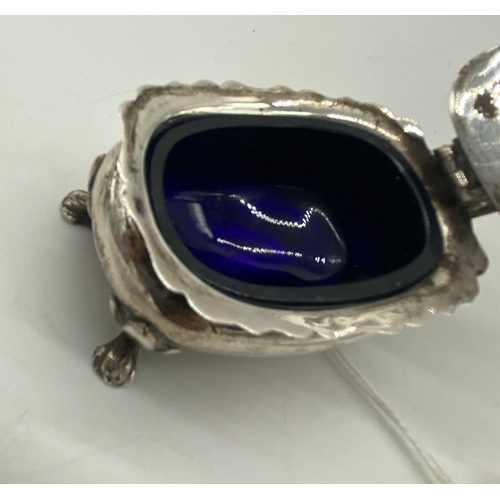 1402 - English silver salt pot with original Bristol blue glass liner. Hallmarked in Birmingham 1860 Marker... 