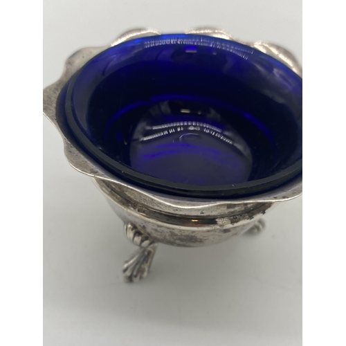 1403 - English silver salt pot with original Bristol blue glass liner. Hallmarks rubbed. Wt: 27grs. { 4cm H... 