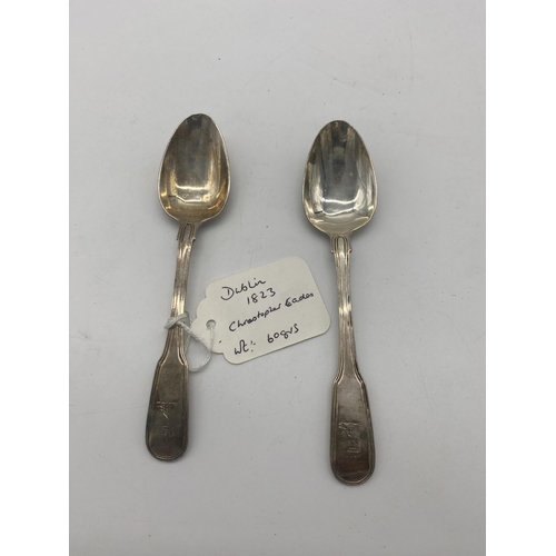 1405 - Pair of Irish silver tea spoons. Hallmarked in Dublin 1823. Maker Christopher Eades. Stamped M. West... 