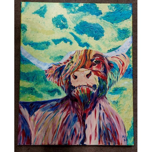 8 - Acrylic on canvas Highland Cow, signed by Moira Leddy {51cm H x 40cm W}