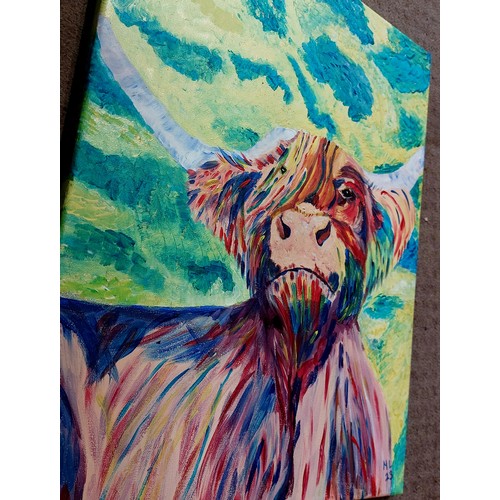 8 - Acrylic on canvas Highland Cow, signed by Moira Leddy {51cm H x 40cm W}