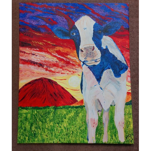 18 - Acrylic on canvas Friesian Cow, signed by Moira Leddy {51cm H x 40cm W}