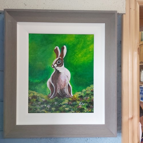 28 - Framed acrylic on board - A Rabbit, signed Kate. {45 cm H x 40 cm W}.
