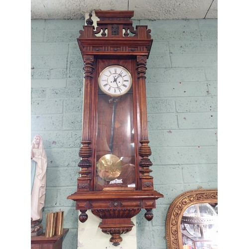 310 - Good quality 19th C. walnut Vienna wall clock with brass and enamel dial {134 cm H x 45 cm W x 20 cm... 