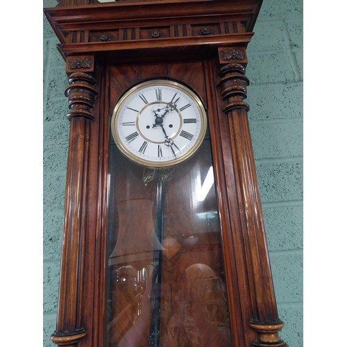 310 - Good quality 19th C. walnut Vienna wall clock with brass and enamel dial {134 cm H x 45 cm W x 20 cm... 