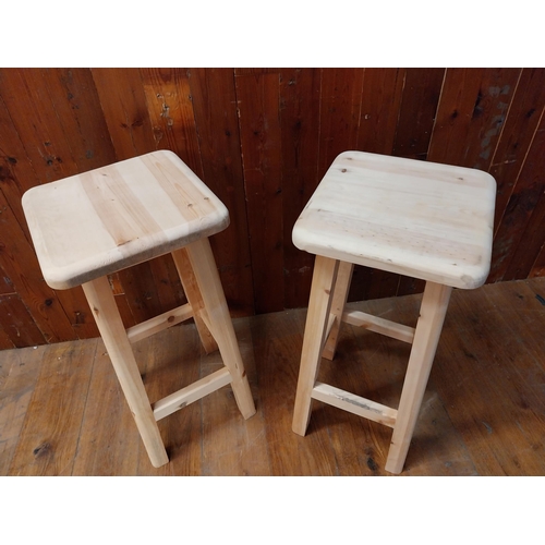 100 - Pair of good quality pine bar - pub stools {80 cm H x 36 cm W x 36 cm D}.