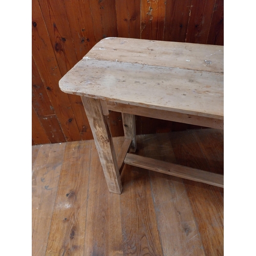 105 - Pine bar - cafe - pub - restaurant table raised on square legs and single stretcher {76 cm H x 114 c... 