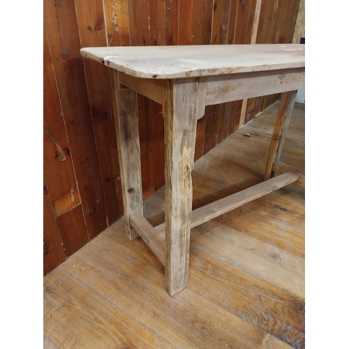 105 - Pine bar - cafe - pub - restaurant table raised on square legs and single stretcher {76 cm H x 114 c... 