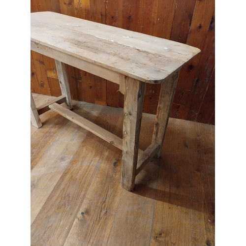 105 - Pine bar - cafe - pub - restaurant table raised on square legs and single stretcher {76 cm H x 114 c... 