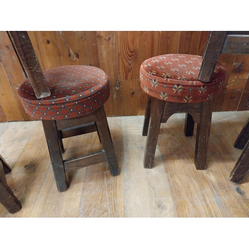 107 - Set of six mahogany and upholstered pub stools {48 cm H x 35 cm W x 35 cm D}.