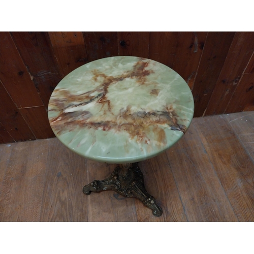 110 - Gilded cast alloy wine table with marbleised top {52 cm H x 36 cm W x 36 cm D}.