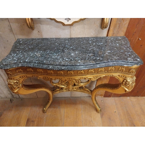 112 - Gilt consul table with marble top - marble with damage raised on decorative cabriole legs {80 cm H x... 