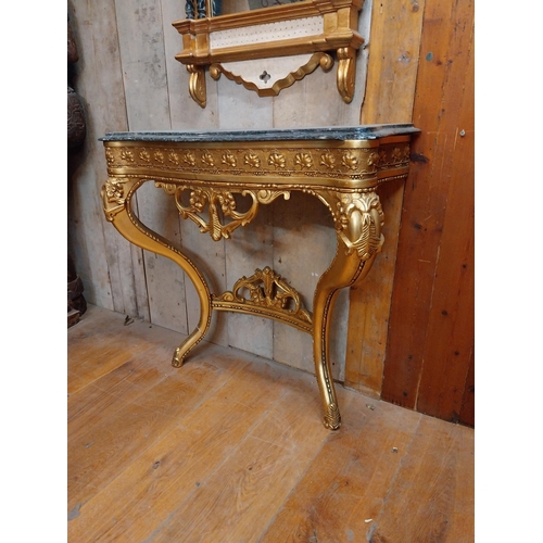 112 - Gilt consul table with marble top - marble with damage raised on decorative cabriole legs {80 cm H x... 