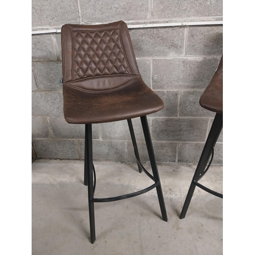 113 - Pair of designer high bar - pub stools with cigar suede upholstered seat on metal bases {115 cm H x ... 