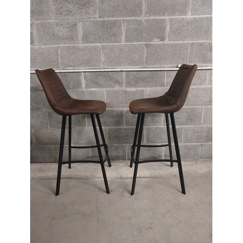 113 - Pair of designer high bar - pub stools with cigar suede upholstered seat on metal bases {115 cm H x ... 