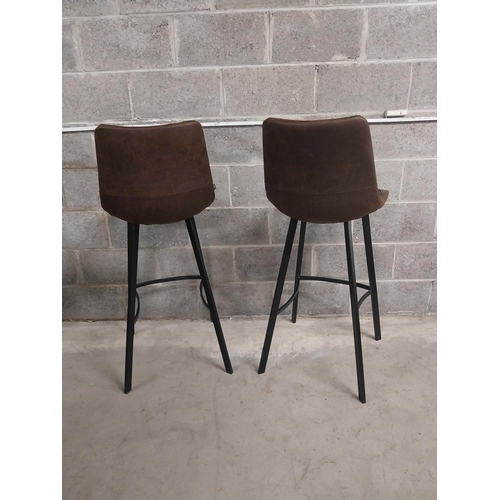 113 - Pair of designer high bar - pub stools with cigar suede upholstered seat on metal bases {115 cm H x ... 