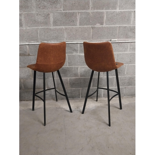 120 - Pair of designer high bar - pub stools with tanned suede upholstered seat on metal bases {115 cm H x... 