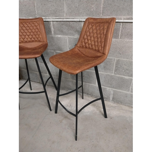 120C - Pair of designer high bar - pub stools with tanned suede upholstered seat on metal bases {115 cm H x... 