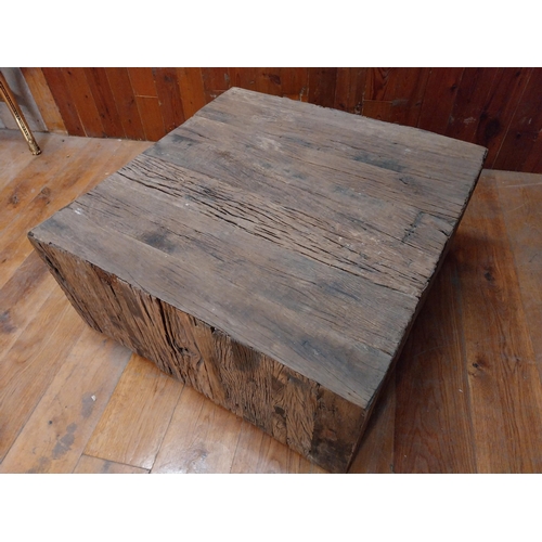 124 - Unusual driftwood coffee table on wheels {42 cm H x 92 cm W x 92 cm D}.