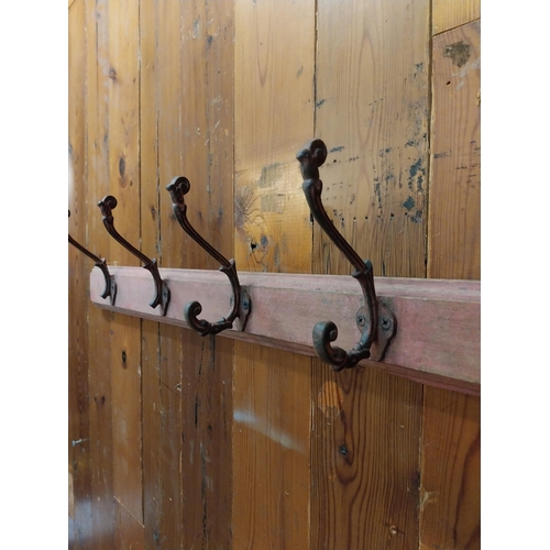 126 - Cast iron wall hangers mounted on painted pine frame {17 cm H x 134 cm W x 11 cm D}.