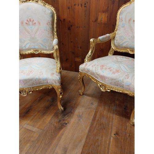 132 - Good quality French decorative gilt and upholstered armchairs {112 cm H x 68 cm W x 66 cm D}.