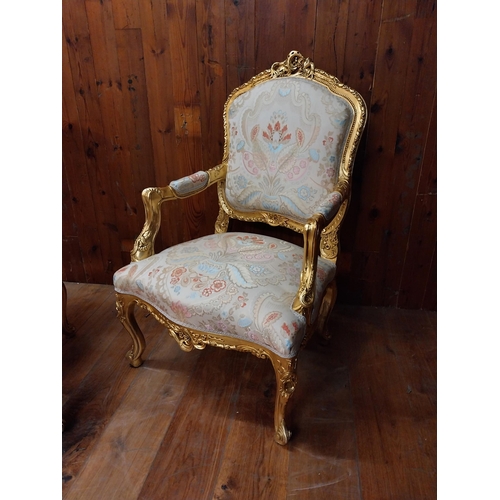 132 - Good quality French decorative gilt and upholstered armchairs {112 cm H x 68 cm W x 66 cm D}.