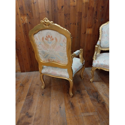 132 - Good quality French decorative gilt and upholstered armchairs {112 cm H x 68 cm W x 66 cm D}.