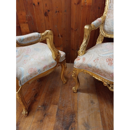 132 - Good quality French decorative gilt and upholstered armchairs {112 cm H x 68 cm W x 66 cm D}.