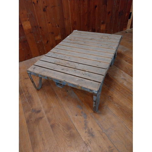 140 - Retro industrial metal and wooden coffee table on wheels {32 cm H x 120 cm W x 80 cm D}.