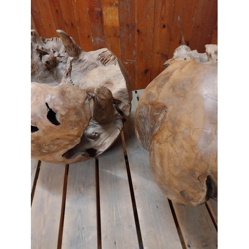 141 - Pair of wooden root ball sculptures {40 cm H x 41 cm Dia.}.