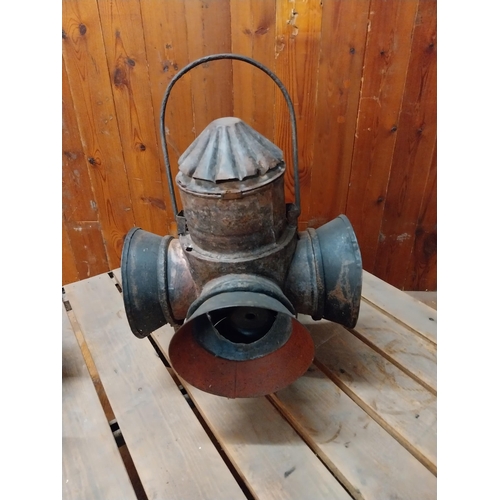 142 - Pair of metal railway lanterns {46 cm H x 30 cm W x 30 cm D}.