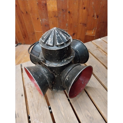 142 - Pair of metal railway lanterns {46 cm H x 30 cm W x 30 cm D}.