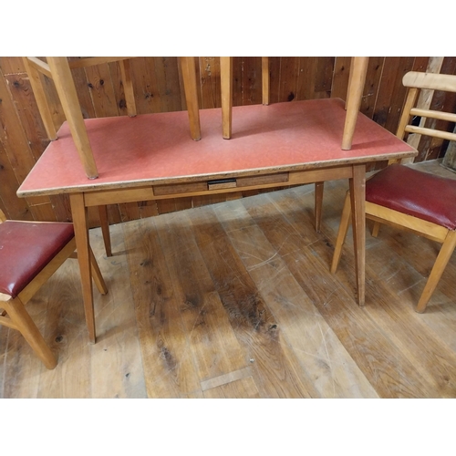 144 - Retro 70s pine table with Formica top including four pine and vinyl chairs {Table 76 cm H x 124 cm W... 