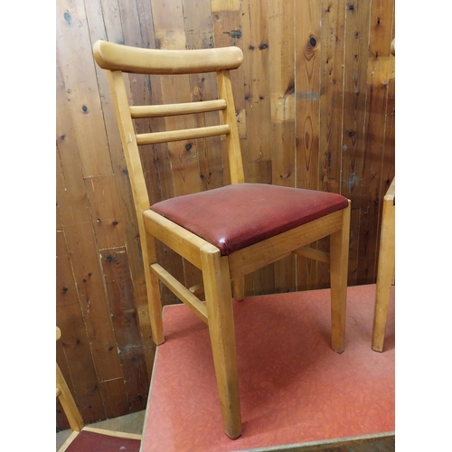 144 - Retro 70s pine table with Formica top including four pine and vinyl chairs {Table 76 cm H x 124 cm W... 