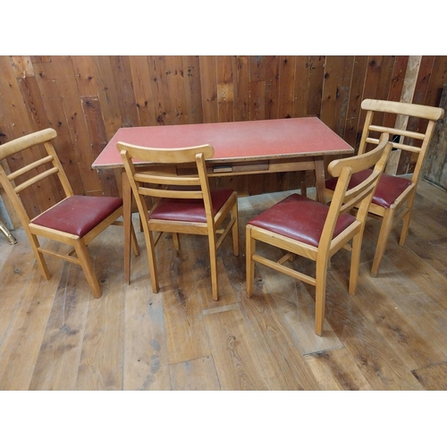 144 - Retro 70s pine table with Formica top including four pine and vinyl chairs {Table 76 cm H x 124 cm W... 