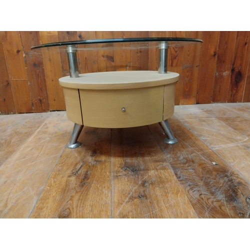 157 - Vintage coffee table with glass top raised on chrome legs {39 cm H x 66 cm W x 66 cm D}.