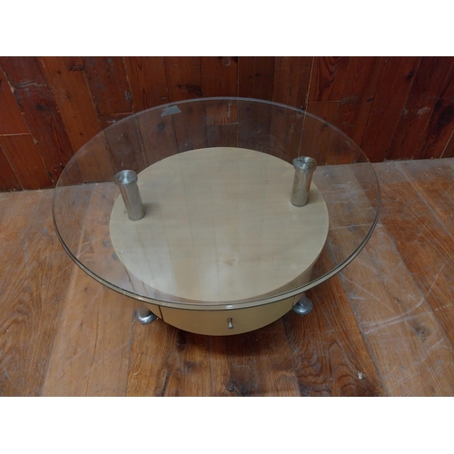 157 - Vintage coffee table with glass top raised on chrome legs {39 cm H x 66 cm W x 66 cm D}.