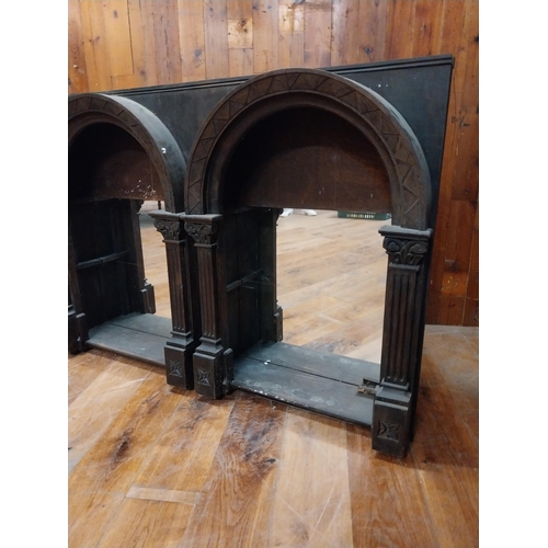 158 - Stained pine mirrored bar back in the Gothic style {110 cm H x 155 cm W x 30 cm D}.