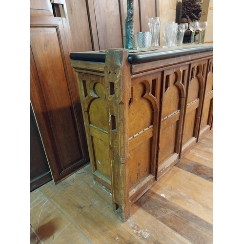 159 - 19th C. scumbled pine bar counted with marble top in the Gothic style {104 cm H x 210 cm W x 50 cm D... 