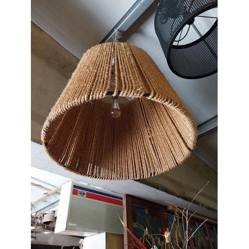 17 - Good quality metal and rope hanging light shades of large proportions {60 cm H x 66 cm W x 66 cm D}.