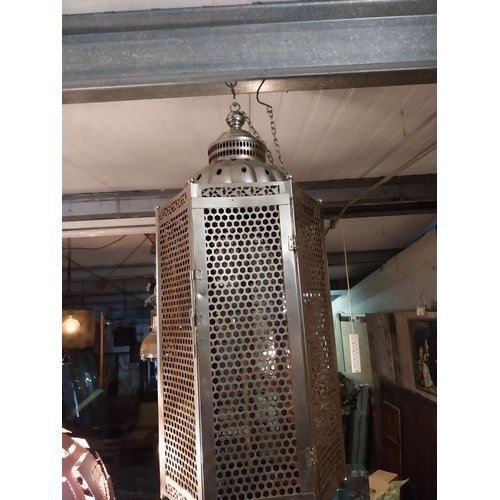 181 - Moroccan polished metal hanging lantern {110 cm H x 38 cm W x 38 cm D}.