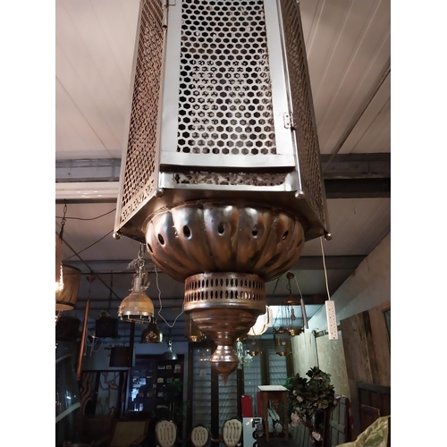 181 - Moroccan polished metal hanging lantern {110 cm H x 38 cm W x 38 cm D}.