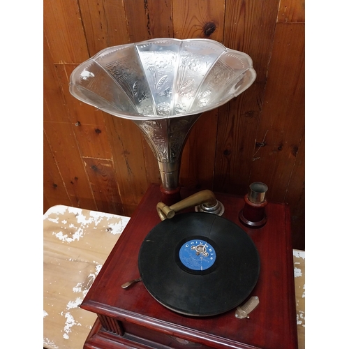 189 - Victrola wooden gramophone with embossed tin plate horn {55 cm H x 46 cm W x 44 cm D}.