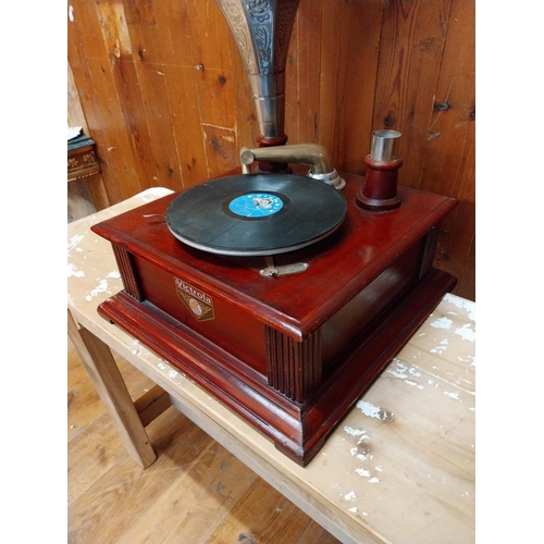 189 - Victrola wooden gramophone with embossed tin plate horn {55 cm H x 46 cm W x 44 cm D}.